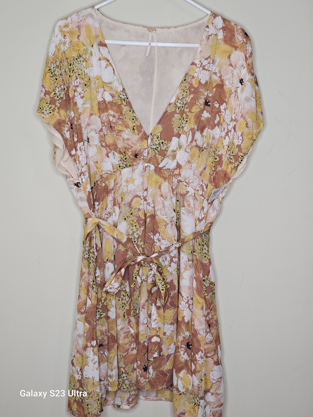Free People Floral V-Neck Tie-Waist Mini Dress in Yellow & Rust